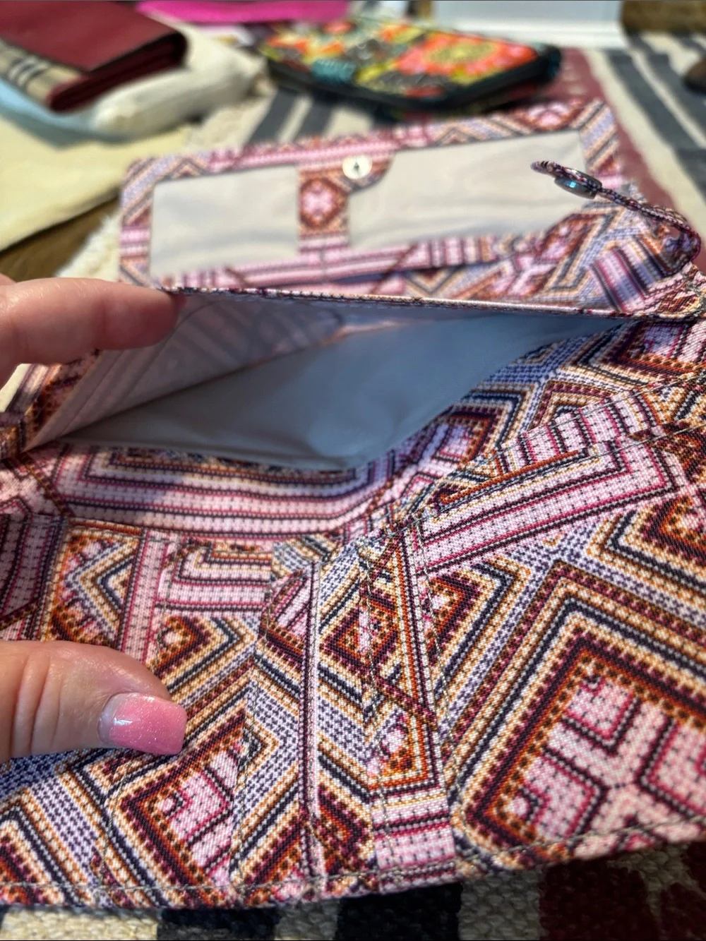 Kipling Pink and Orange Geometric Wristlet Wallet with Monkey Charm